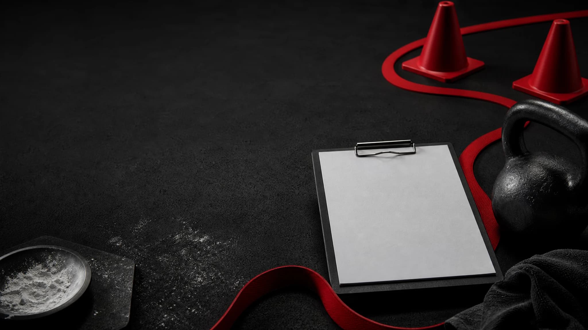 Prázdný clipboard, kužely a kettlebell jako motiv individuálního vedení.
