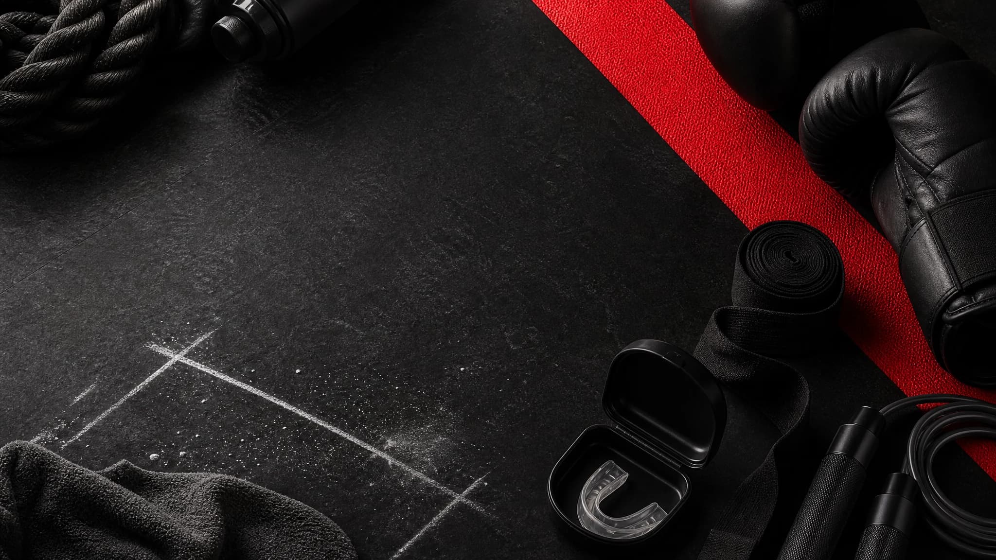 Začátečnická kickbox výbava s rukavicemi, bandážemi a červeným pásem na tmavé podlaze.