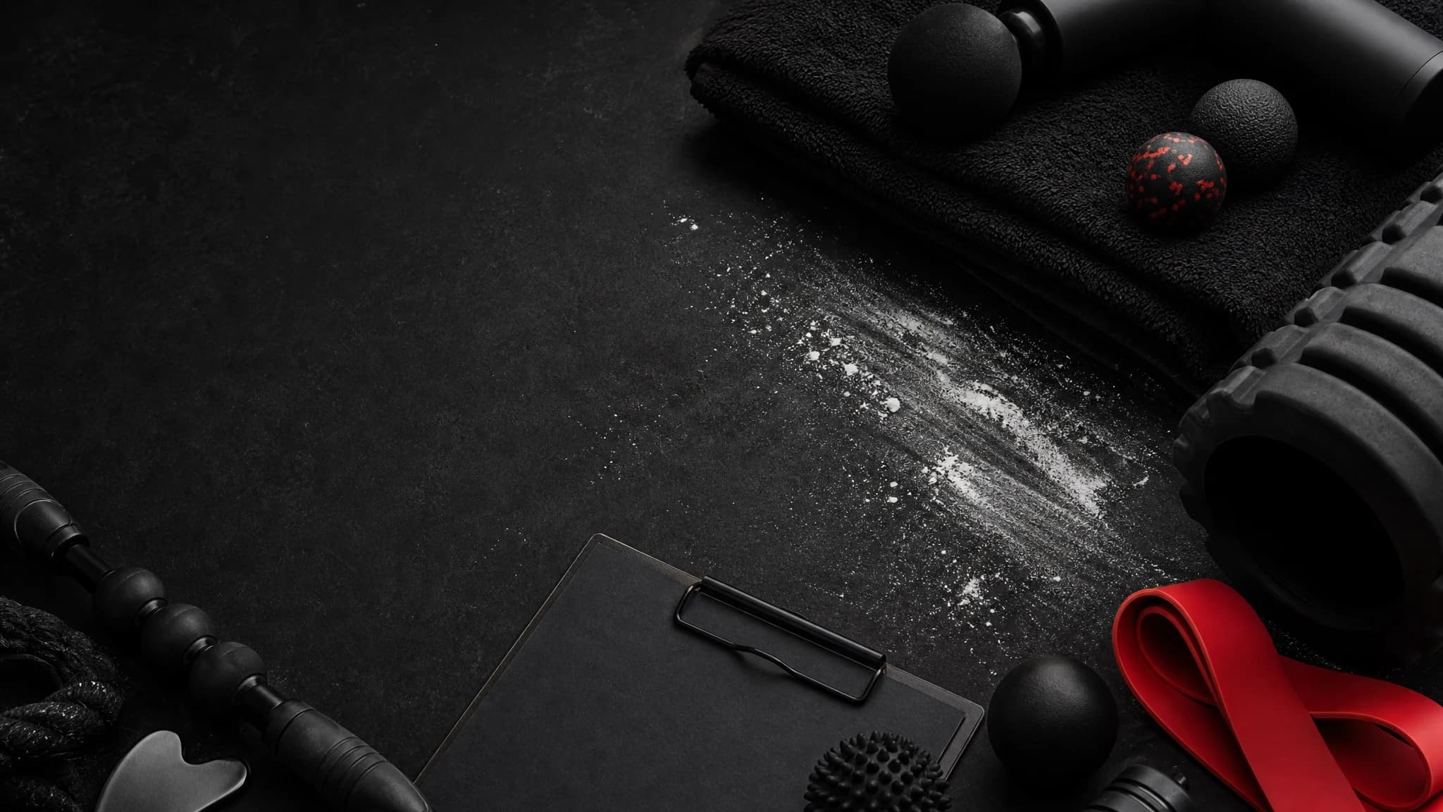 Dark towels, massage tools, and a red band on a rubber floor.